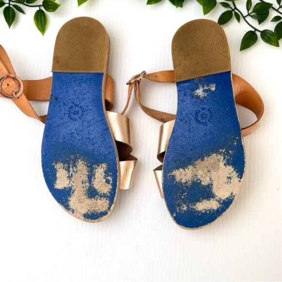 KYMA PATMOS CROSS ANKLE STRAP FLAT SANDAL GOLD/TAN LEATHER 7 - Picture 8 of 11